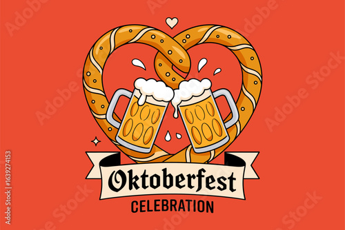 Oktoberfest celebration heart, beer mug and pretzel icon, festive badge, German festival poster, party card, t-shirt design