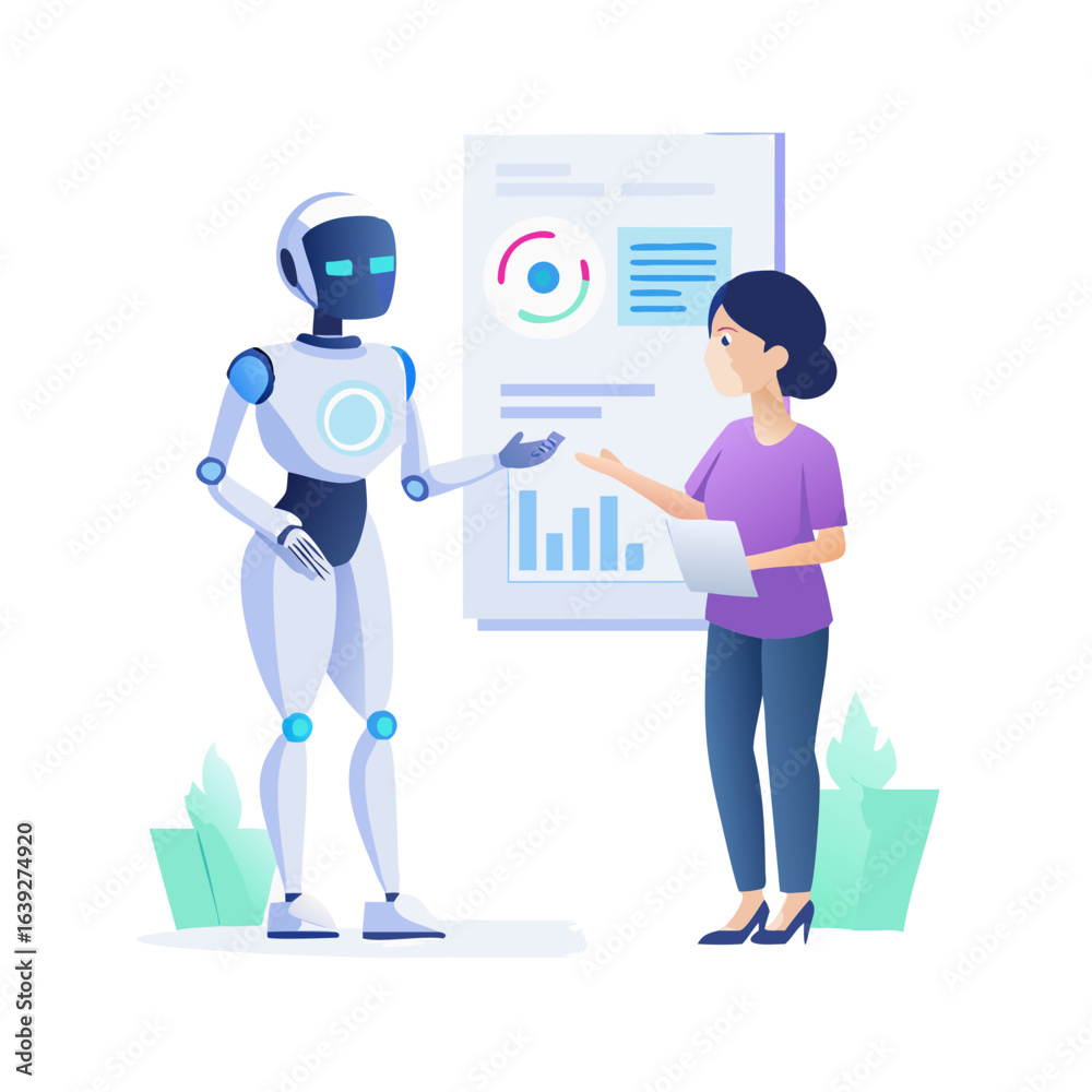 Fototapeta premium Robot and woman discussing data on a presentation isolated on white background