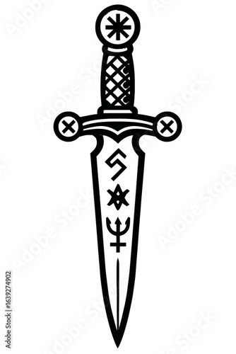 A black and white graphic illustration of a magical dagger with runes and various symbols