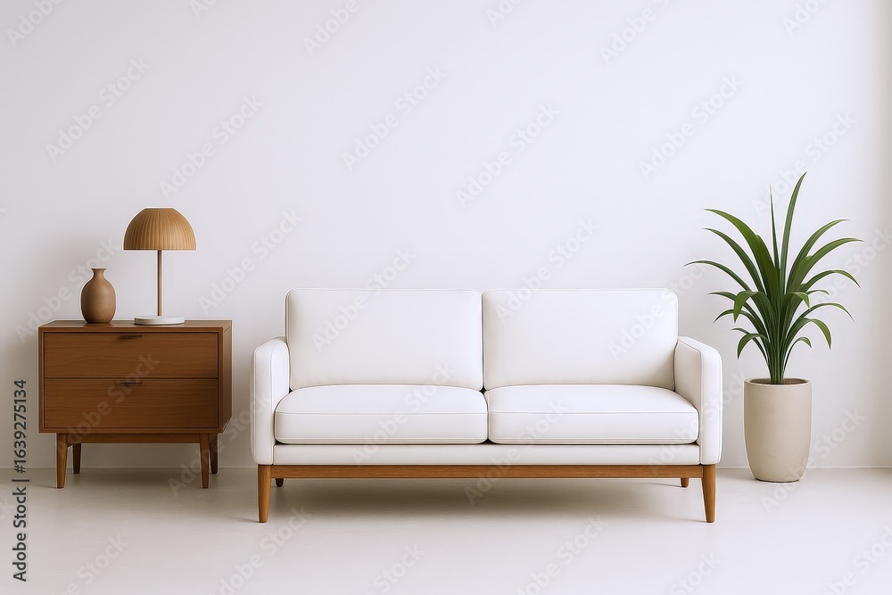 Fototapeta premium Modern Living Room Scene Featuring a White Sofa, Wooden Side Table with Lamp and Vase, and a Potted Plant.