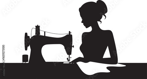Elegant Seamstress Silhouette at Sewing Machine Creating Custom Fashion Black on White Isolated