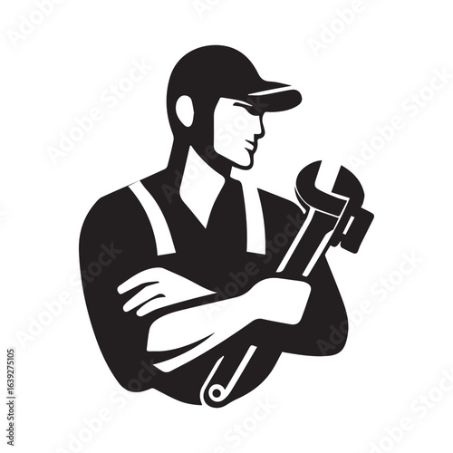 Illustration of a worker in overalls and cap holding a wrench with arms crossed looking to the side