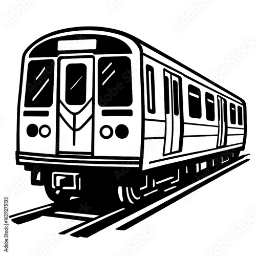 A black and white graphic illustration of a subway train on tracks