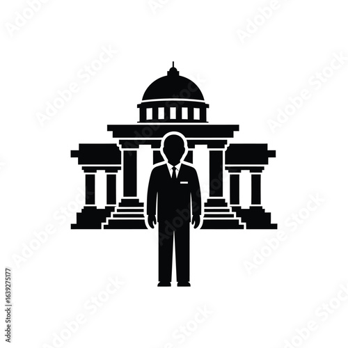 Vector icon representing law, politics, and governance with a statesman and classical government building
