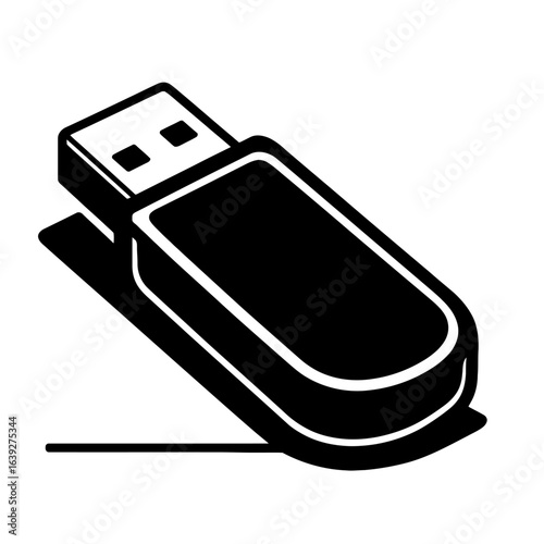 A black and white graphic illustration of a USB flash drive for data storage