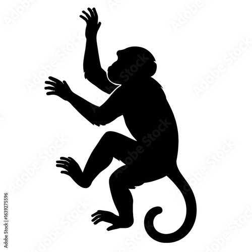 A black and white graphic silhouette of a monkey in a clinging position