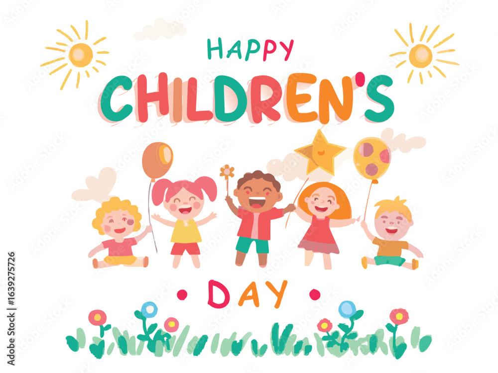 Colorful childrens day banner with kids playing and festive decorations Colorful childrens day banner with kids playing and festive decorations