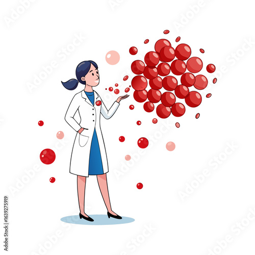 Creative female doctor blowing red blood cell bubbles, healthcare concept, medical illustration, clean vector design, white background