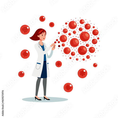 Creative female doctor blowing red blood cell bubbles, healthcare concept, medical illustration, clean vector design, white background