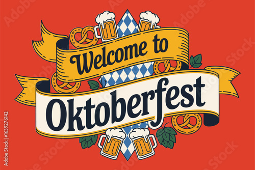 Welcome to Oktoberfest banner, beer mug and pretzel illustration, vintage festival poster, Bavarian flag pattern, t shirt typography