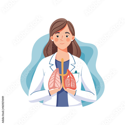 Female doctor examining detailed 3D printed human lungs model, innovative medical technology, healthcare professional, respiratory system education vector