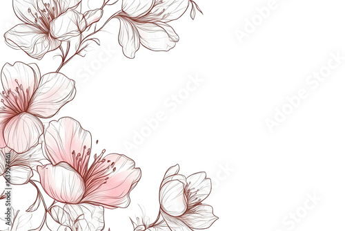 Beautiful spring flower corner border design with delicate outlines and soft hues for elegant decorations and invitations