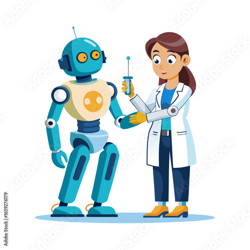 Female doctor repairing robot patient with screwdriver, futuristic healthcare technology, medical robotics, innovation, artificial intelligence treatment vector illustration