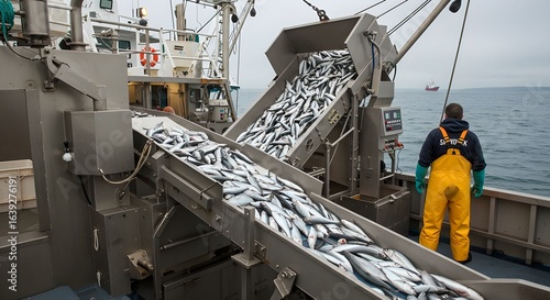 Fisherman oversees abundant seafood harvest being processed on a large commercial fishing vessel at sea