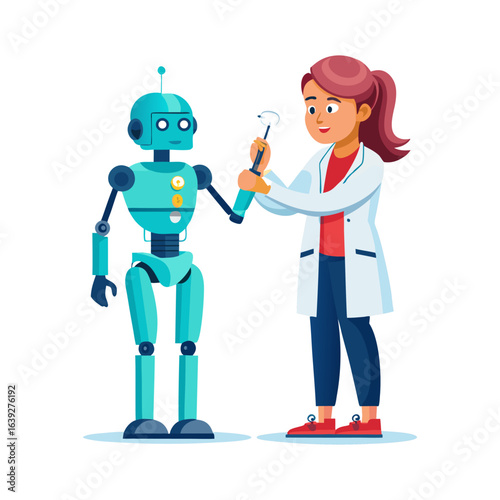 Female doctor repairing robot patient with screwdriver, futuristic healthcare technology, medical robotics, innovation, artificial intelligence treatment vector illustration