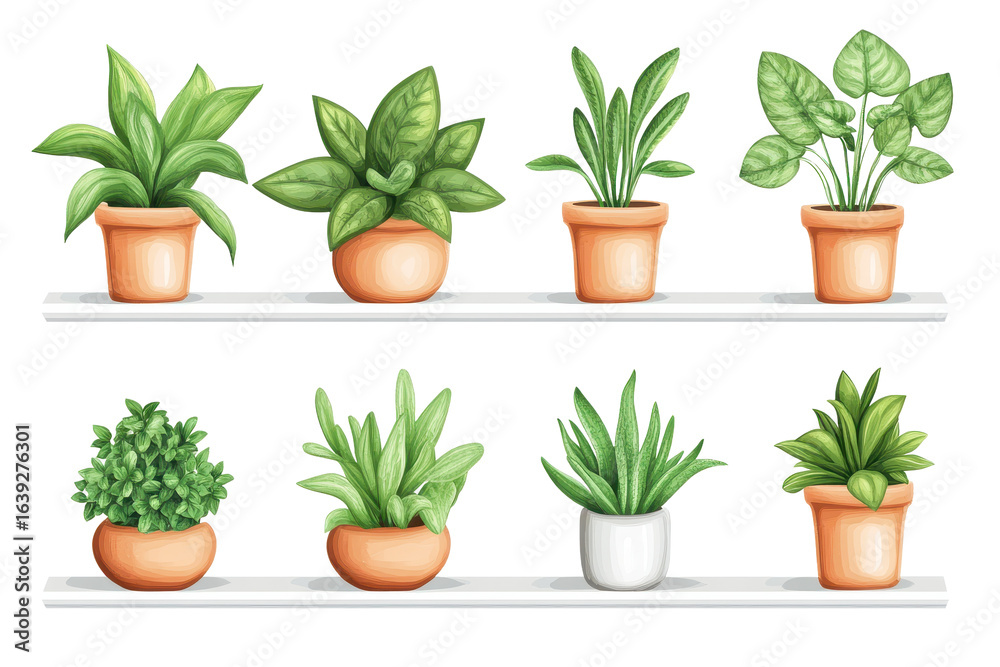 Fototapeta premium Collection of diverse houseplants arranged neatly on a shelf, showcasing their vibrant greenery and unique shapes in a home environment