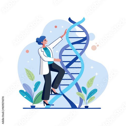 Female doctor confidently climbing a glowing DNA helix ladder symbolizing genetic research, innovation, and medical advancement vector illustration