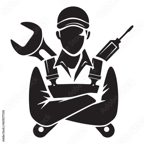 Silhouette of a mechanic with crossed arms holding a wrench and a screwdriver in black and white