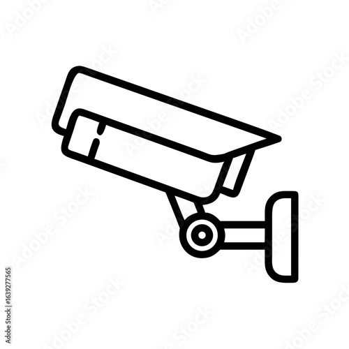 Illustration of a security camera with a protective hood and mounting bracket in black outline style