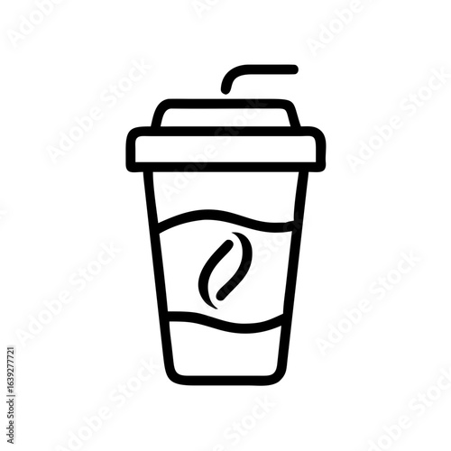 Outline drawing of a coffee cup with a lid and straw featuring a coffee bean graphic on the side label