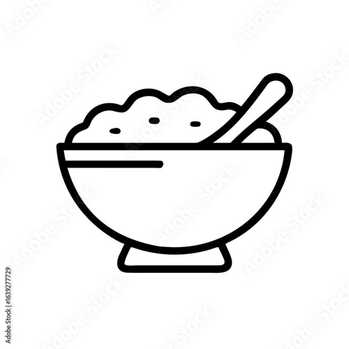 A simple line drawing of a bowl filled with food and a spoon resting inside it on a white background
