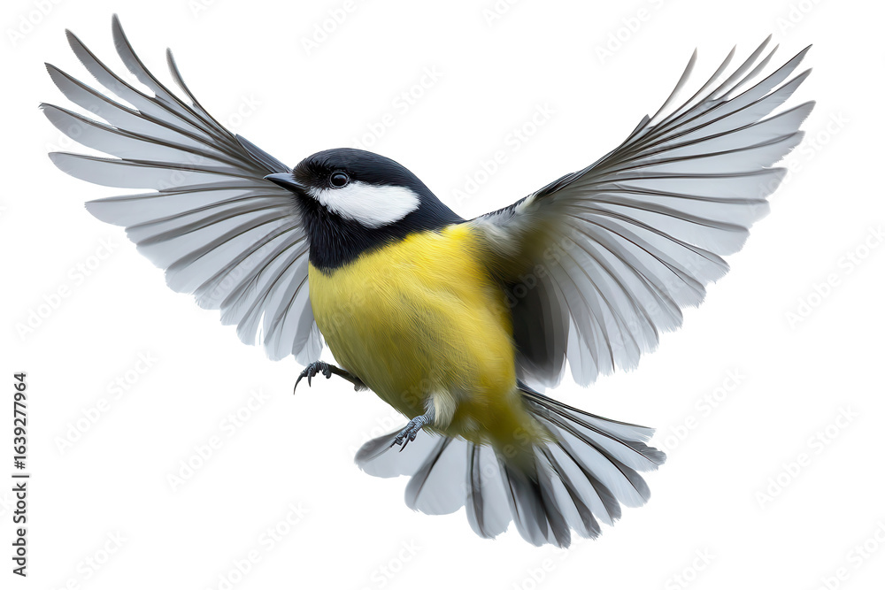 Naklejka premium Flying common great tit displaying its vibrant feathers against a clear backdrop in mid-flight showcasing its agility and beauty