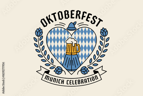 Oktoberfest blue crest badge, Munich celebration, beer mug and leaf icon, festival poster, German party card, t-shirt design