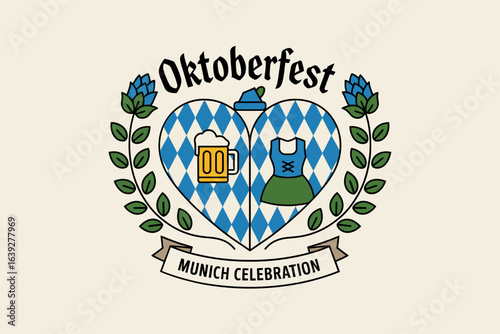 Oktoberfest Munich celebration wreath, beer mug and leaf icon, festival poster, German party card, creative t-shirt art
