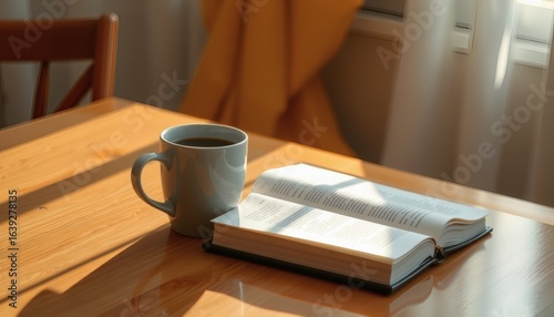 clean morning setup with mug of coffee book open to mid-page sun flare on polished wooden table lifestyle stock photo look