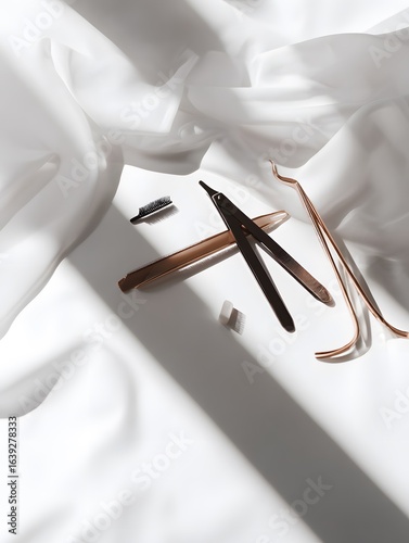 Elegant rose gold eyebrow shaping tool kit with a golden ratio caliper precision tweezers and small brushes.