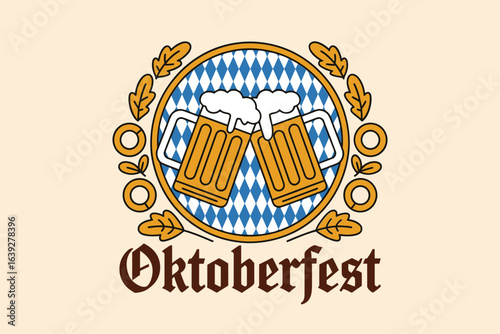 Oktoberfest golden wreath emblem, beer mug and Bavarian pattern, festival poster, German celebration card, t-shirt print