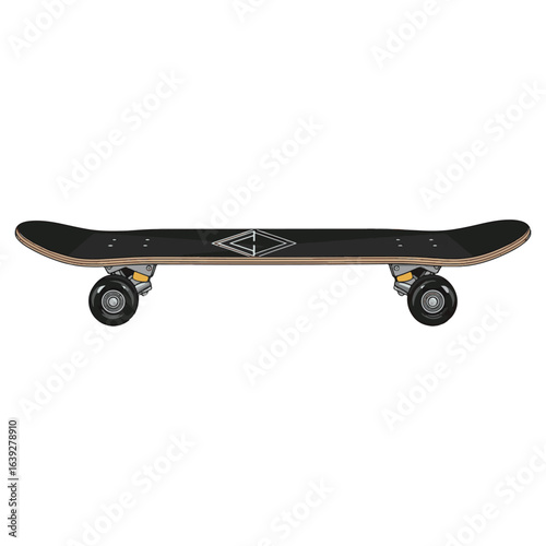 Black skateboard with grey diamond graphic, side view.