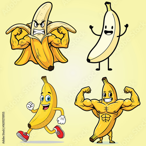 Dynamic set of four cartoon banana characters portraying strength, happiness, and action, including a muscular flexing banana and a running banana.