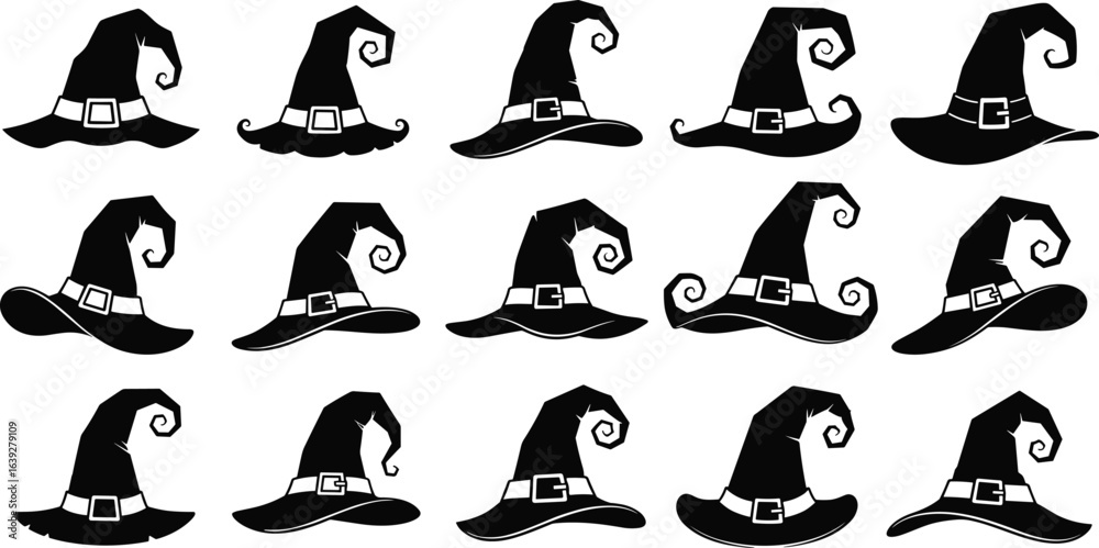 Set of witch hats vector collection, Halloween costume accessory, magical wizard hats, black silhouette icons, spooky themed clipart for decoration, print, or design use Set of witch hats vector collection, Halloween costume accessory, magical wizard hats, black silhouette icons, spooky themed clipart for decoration, print, or design use