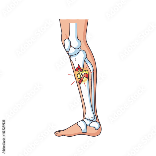 Illustration depicting a fractured tibia and fibula in a human leg, showcasing bone breakage and damage.
