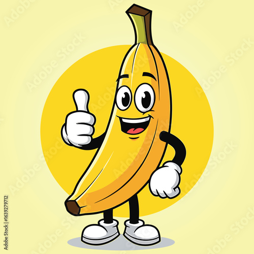 Enthusiastic yellow banana cartoon character giving a positive thumbs up gesture with a cheerful smile.