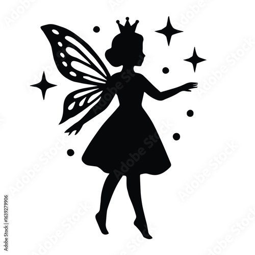 Silhouette of a graceful fairy with wings and crown surrounded by stars and foliage isolated on white background