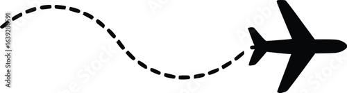 Black silhouette of airplane with curved dashed flight path on white background, symbolizing travel route, journey direction, and aviation concept. Concept of travel, navigation, aviation 