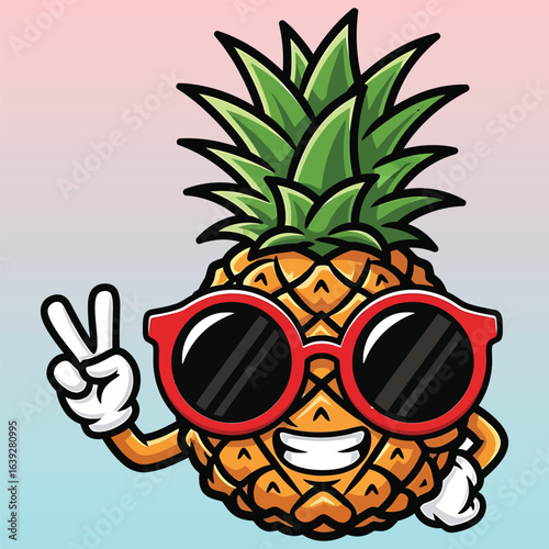 Stylish cartoon pineapple character in cool red sunglasses making a peace sign with a confident and happy smile.
