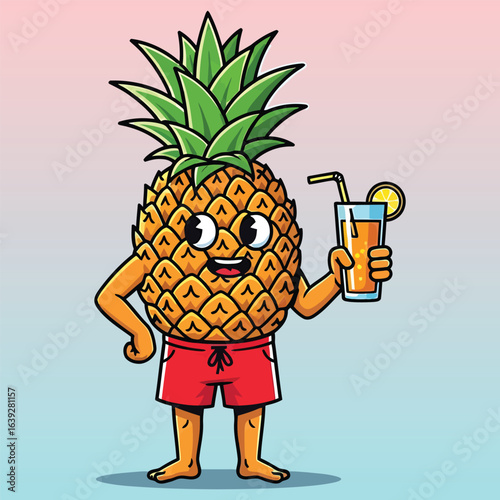 Playful cartoon pineapple character in red swim shorts holding a refreshing glass of tropical juice with a lemon slice.