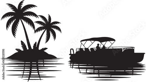 Relaxing Pontoon Boat Trip on Tropical Island Silhouette Vector Black on White Isolated