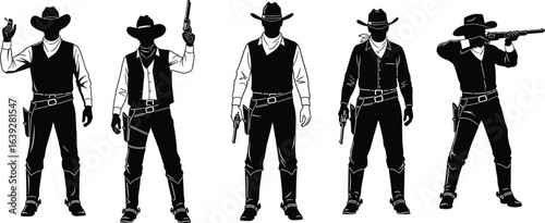 Silhouette and detailed illustration of cowboys with guns, Western outlaw poses, holding pistols and rifles, isolated on white background, perfect for Wild West themed designs