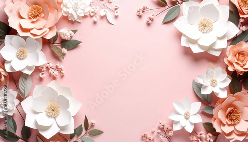 Floral arrangement display creative studio decorative art pink background top-down view paper crafting inspiration
