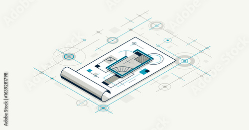 Engineering project concept, paper document blueprint engineer work vector 3D isometric illustration, abstract draft drawing, cad technical plan.