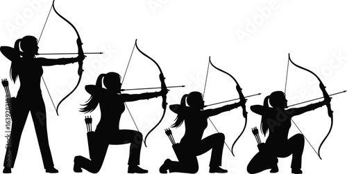 Silhouette collection of female archers aiming bows and arrows in various stances, isolated on white background, perfect for archery, sports, hunting, and target shooting designs