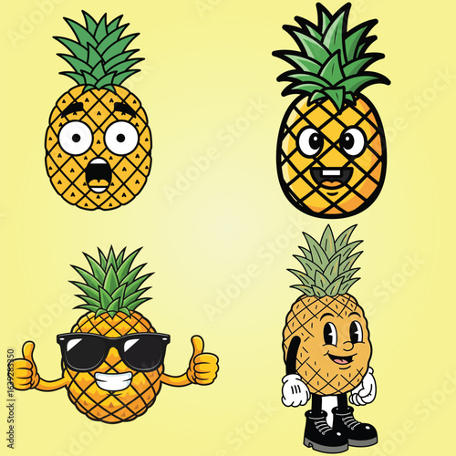 Set of Four Diverse Cartoon Pineapple Characters Displaying Various Expressions and Styles on a Yellow Background