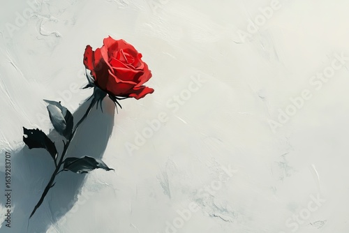 Crimson Rose Bloom Against Textured White Backdrop Dark Stem and Leaves Artistic Render