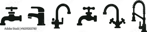Black silhouette set of various faucet designs including traditional, modern, and industrial styles, arranged in a row on white background. Concept of plumbing, water supply, kitchen, and bathroom fix