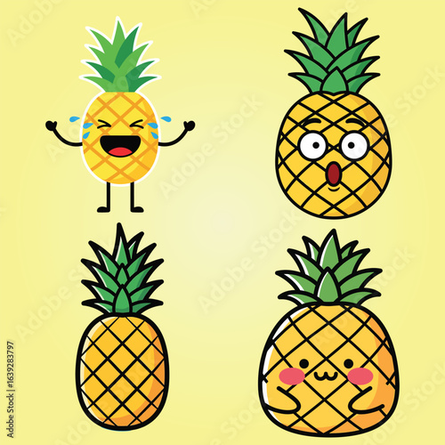 Expressive cartoon pineapple quartet with diverse emotions including laughing, surprised, and shy on a light yellow background.