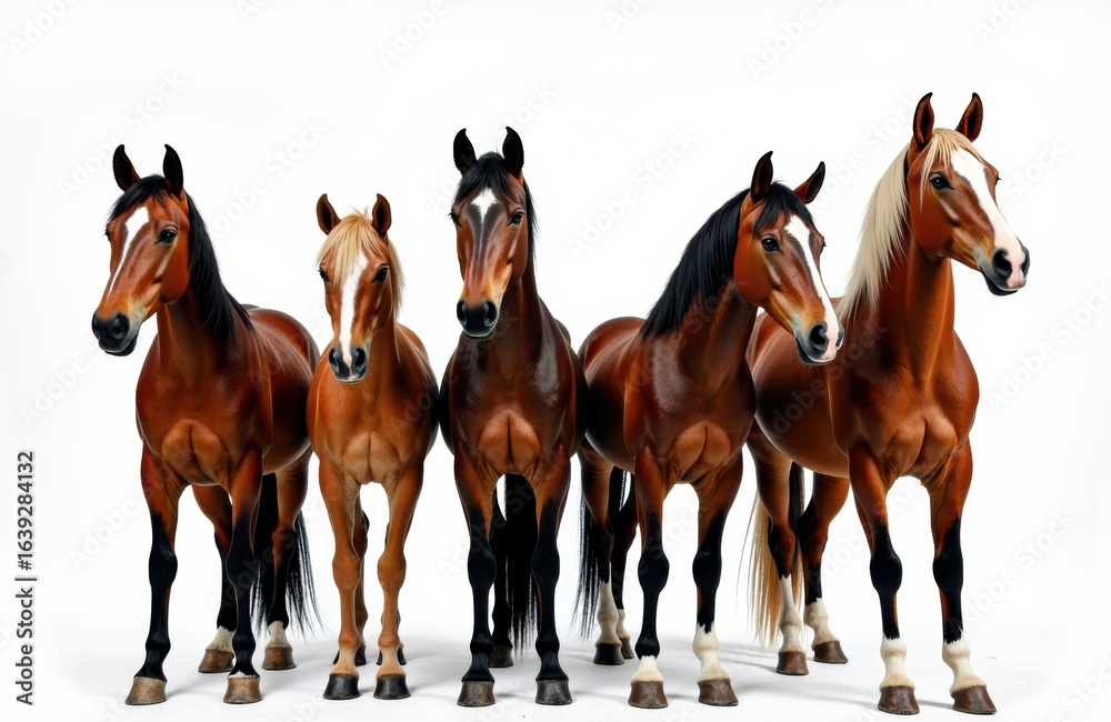 Obraz premium Five horses standing side by side against a white background